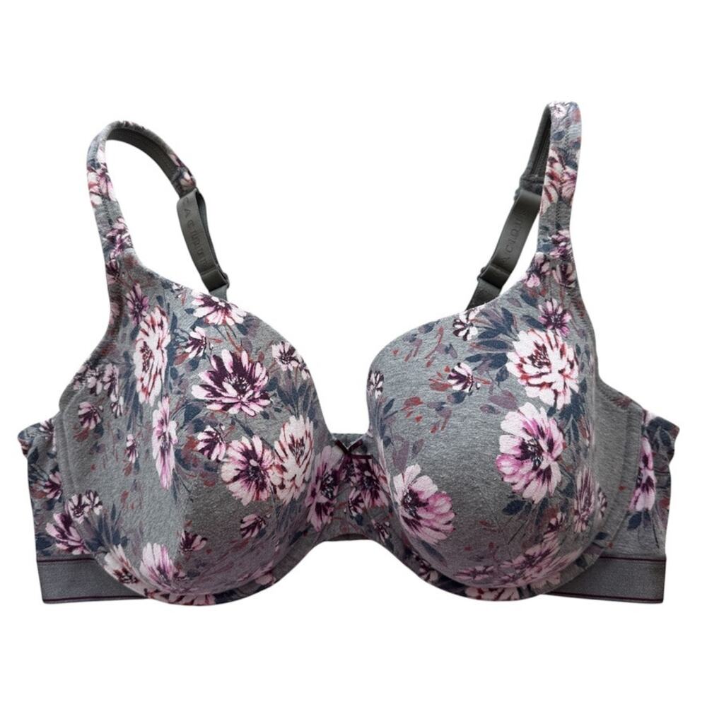 Cacique Lightly Lined T-Shirt Bra Gray & Pink Floral Cotton Bra Size 42DDD